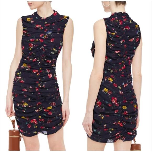 NICHOLAS Ruched Gathered Floral Print 100% Silk Mini Dress Sz 6 - Picture 3 of 14